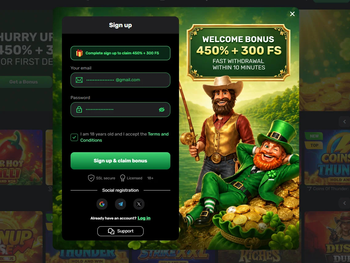 Patrick Spins registration form with email, password and welcome bonus offer