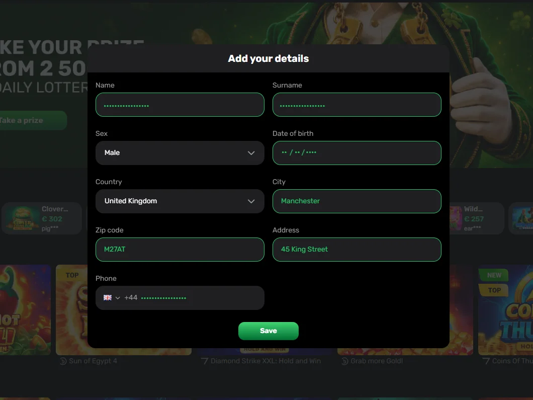 Patrick Spins account details form with personal information fields